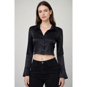 Vintage Y2K Forever 21 Black Satin Button Front Crop Blouse XS S